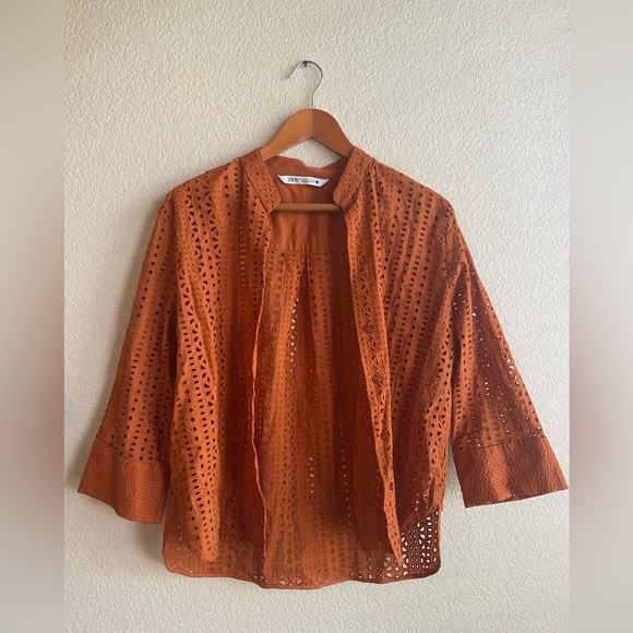 Zara Tops - Zara Burnt Orange Terracotta Swim Cover Up Button Down Shirt Size Small Eyelet